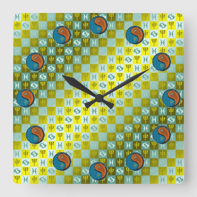 Reloj Cuadrado Piscis y Mono de Madera (Anverso)