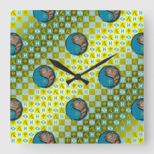 Reloj Cuadrado Piscis y Mono de Tierra
