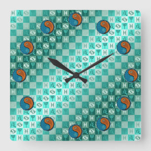 Reloj Cuadrado Piscis y Perro de Madera