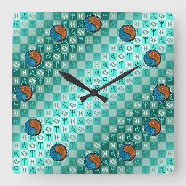 Reloj Cuadrado Piscis y Perro de Madera (Anverso)
