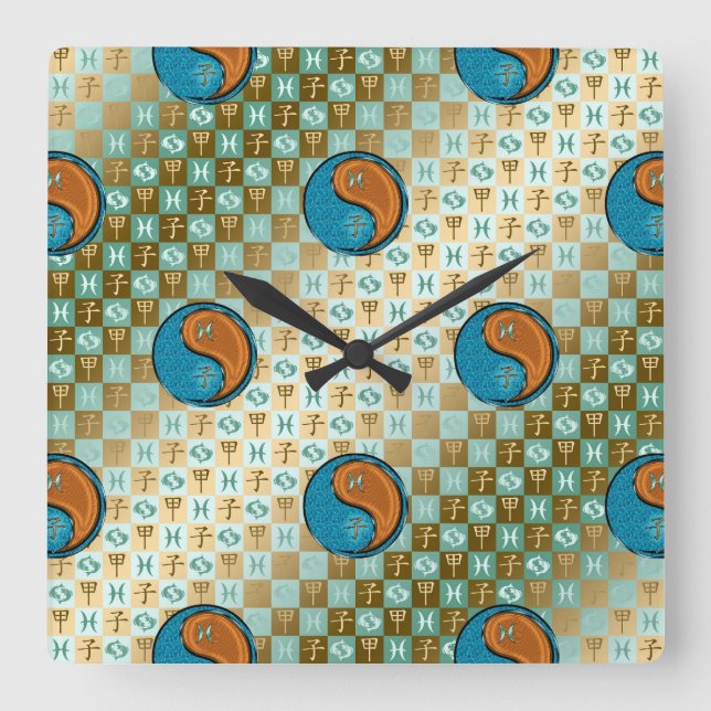 Reloj Cuadrado Piscis y Rata de Madera  (Anverso)