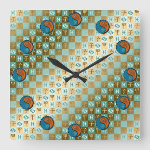 Reloj Cuadrado Piscis y Rata de Madera 