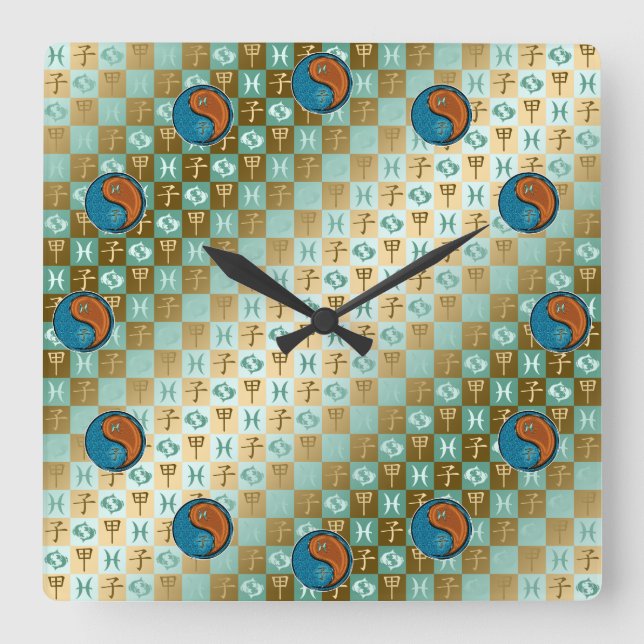 Reloj Cuadrado Piscis y Rata de Madera  (Anverso)