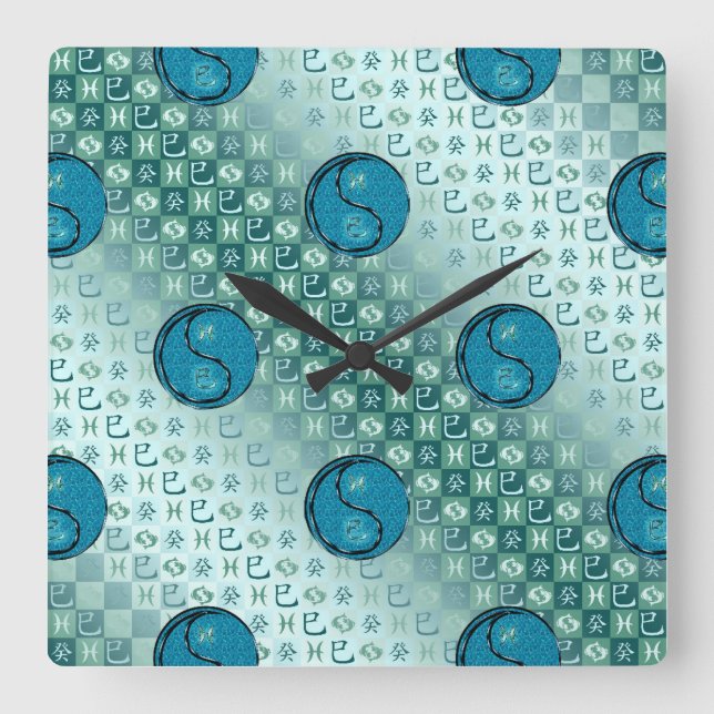 Reloj Cuadrado Piscis y Serpiente de Agua (Anverso)