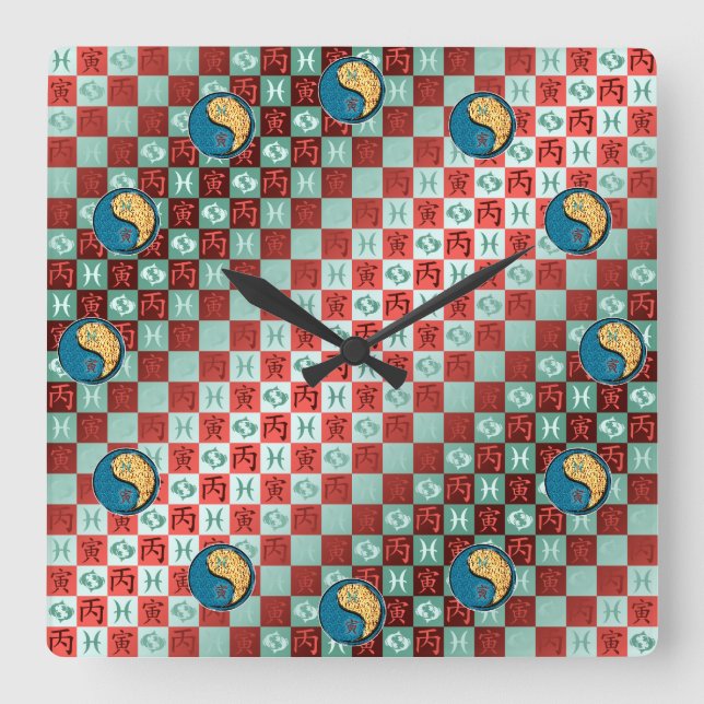 Reloj Cuadrado Piscis y Tigre de Fuego (Anverso)