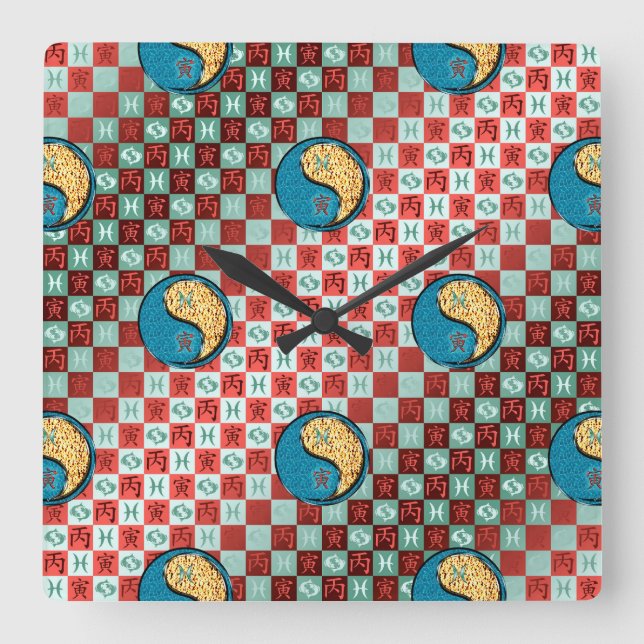Reloj Cuadrado Piscis y Tigre de Fuego (Anverso)