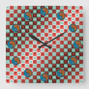 Reloj Cuadrado Piscis y Tigre de Madera