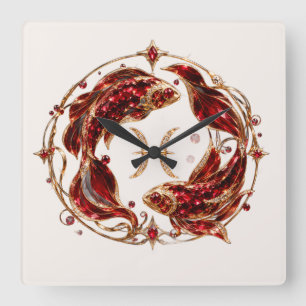 Reloj Cuadrado Piscis Zodiaco Rojo de Lujo