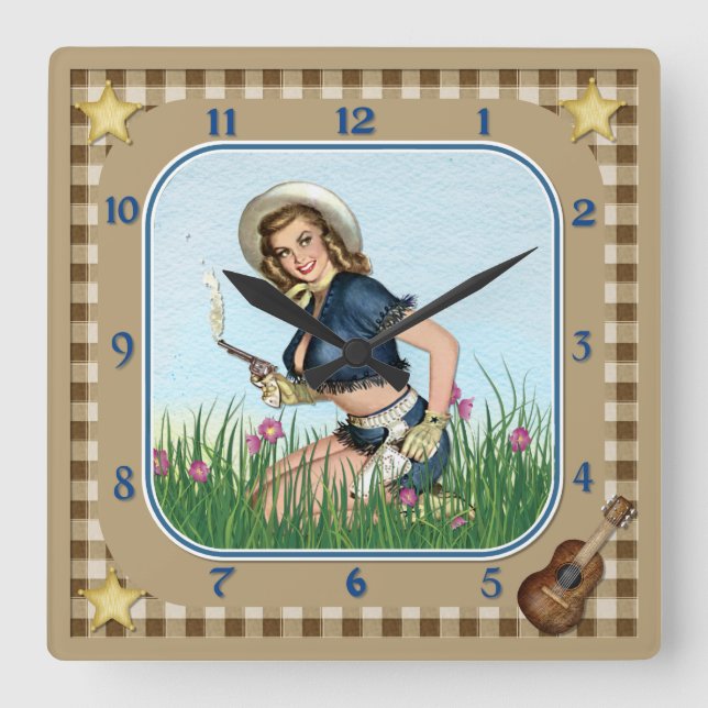 Reloj Cuadrado Pistol Fumar Pin Up Cowgirl Clock (Anverso)