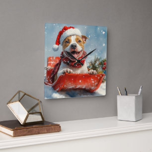Reloj Cuadrado Pitbull Perro en Trineo Deja que Nieve Navidad