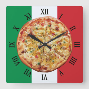 Reloj Cuadrado Pizza ~ Números romanos ~ Bandera italiana ~