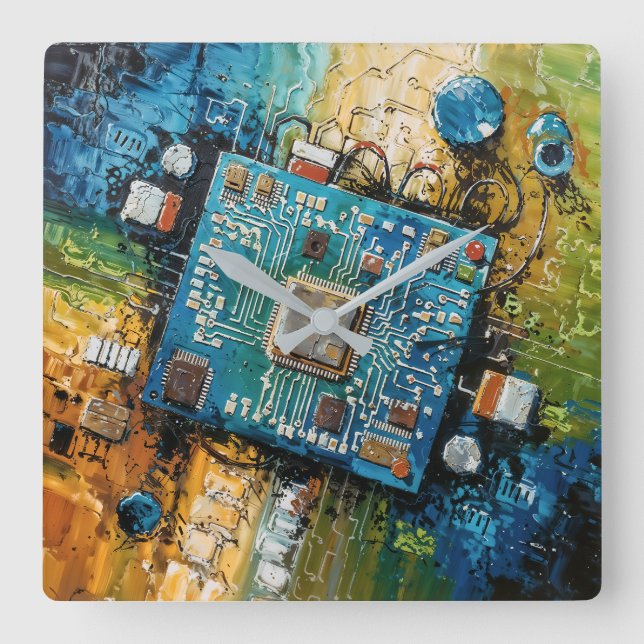 Reloj Cuadrado Placa base - Arte tecnológico abstracto de computa (Anverso)