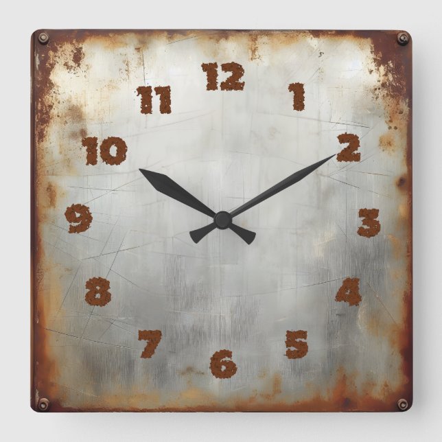 Reloj Cuadrado placa de acero envejecida (Anverso)