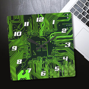 Reloj Cuadrado Placa de circuito electrónico verde del nerd de sa