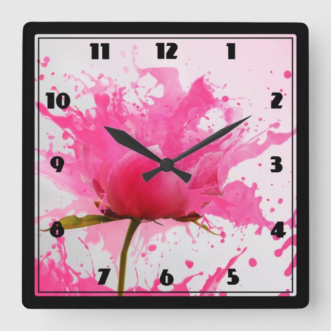 Reloj Cuadrado Placa de pintura abstracta de flor rosa (Anverso)