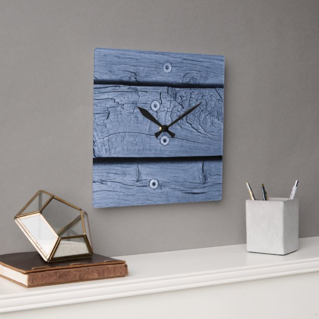 Reloj Cuadrado Placas de madera azul humeante (Oficina)