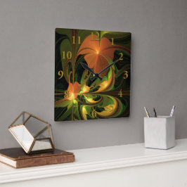 Reloj Cuadrado Planta de fantasía Resumen Fractal Verde Rust Brow