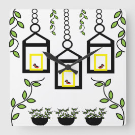 Reloj Cuadrado Planta verde Patrón de naturaleza de aves