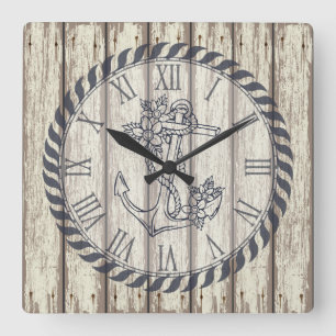 Reloj Cuadrado Plantas De Madera Rústica Pintada Ancla Náutica Fl
