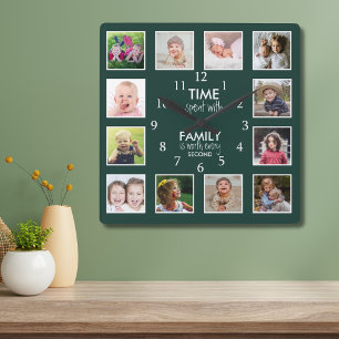 Reloj Cuadrado Plantilla de 12 fotos Familia Tiempo Cita Verde Bo