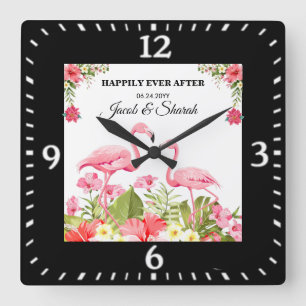 Reloj Cuadrado Plantilla de boda de flores tropicales y flamencos