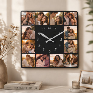 Reloj Cuadrado Plantilla de Collage de 12 Fotos Personalizadas Cu