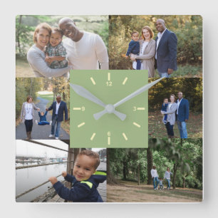 Reloj Cuadrado Plantilla de fotografía personalizado 6 Fotos verd