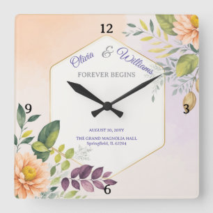 Reloj Cuadrado Plantilla de Invitación de Boda Floral Elegante