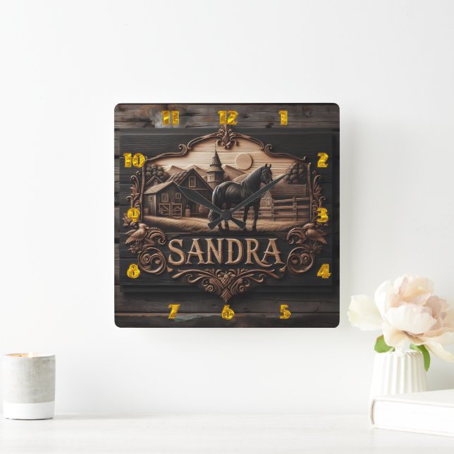 Reloj Cuadrado Plaque de madera con paisaje de caballos y granjas (Hogar)