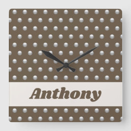 Reloj Cuadrado Plata metálica moderna y punto de polka marrón osc