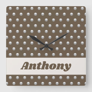 Reloj Cuadrado Plata metálica moderna y punto de polka marrón osc