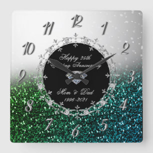 Reloj Cuadrado Plata Verde Brillante 25 Aniversario de Boda
