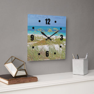 RELOJ CUADRADO "PLAYA DE ARENA BLANCA, GRASA MARÍTIMA, AGUA VERDE