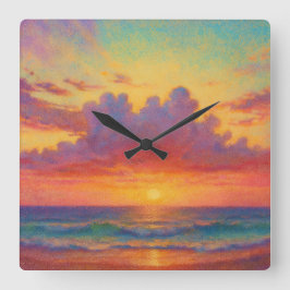 Reloj Cuadrado Playa del Atardecer Pastel - Paisaje Marino de Est