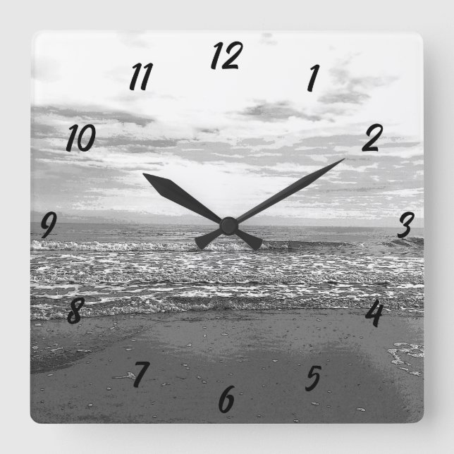 Reloj Cuadrado Playa Océano Mar Abstracto Blanco Negro Simple Esc (Anverso)