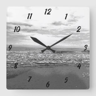 Reloj Cuadrado Playa Océano Mar Abstracto Negro Blanco Simple Esc