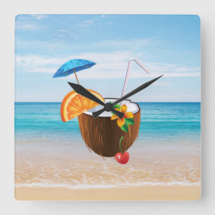 Reloj Cuadrado Playa Tropical, Blue Sky, Ocean Sand,Coctel de coc