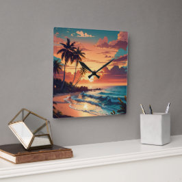Reloj Cuadrado Playa Tropical Sunset Grande