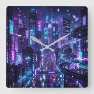 Reloj Cuadrado Plaza Cyberpunk Neon Paisaje Urbano Futurista