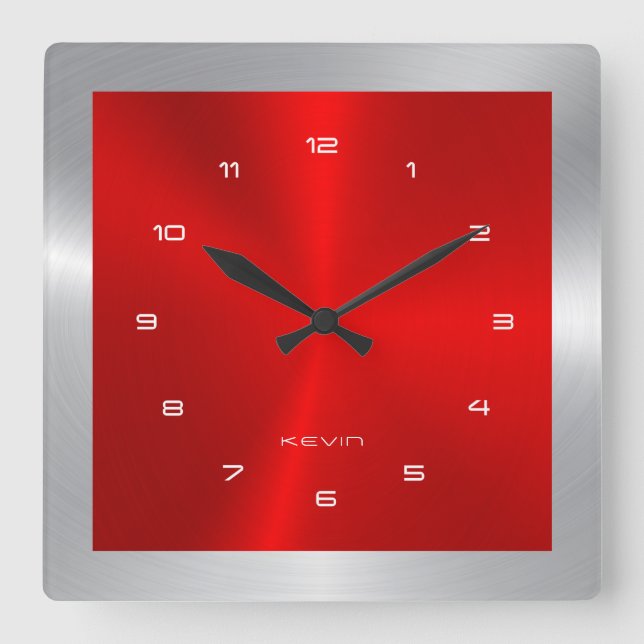 Reloj Cuadrado Plaza de acero inoxidable plateado y rojo y metáli (Anverso)