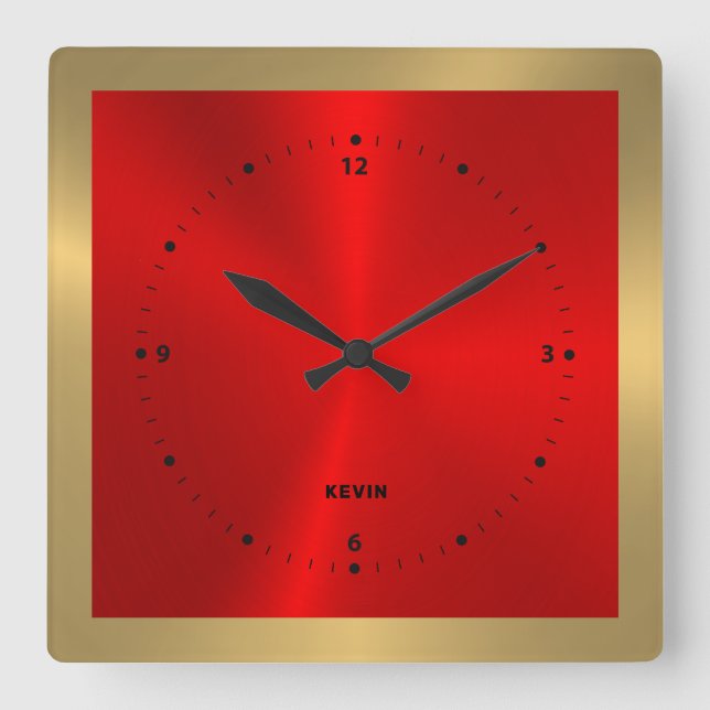 Reloj Cuadrado Plaza de acero inoxidable rojo y metálico y dorado (Anverso)