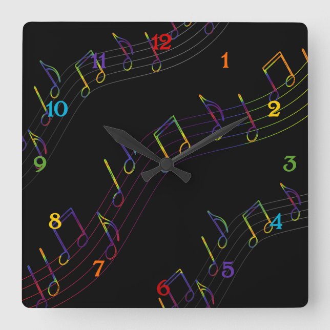 Reloj Cuadrado Plaza de notas musicales del arcoiris (Anverso)