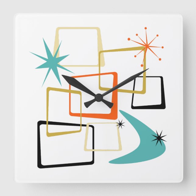 Reloj Cuadrado Plazas atómicas de los años 50 Boomerang Starburst (Anverso)