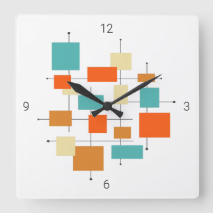 Reloj Cuadrado Plazas turquesa Naranja retro moderno de mediados 