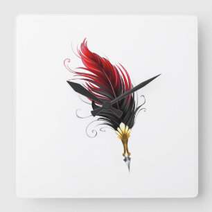 Reloj Cuadrado Pluma de plumas rojas con nido de oro