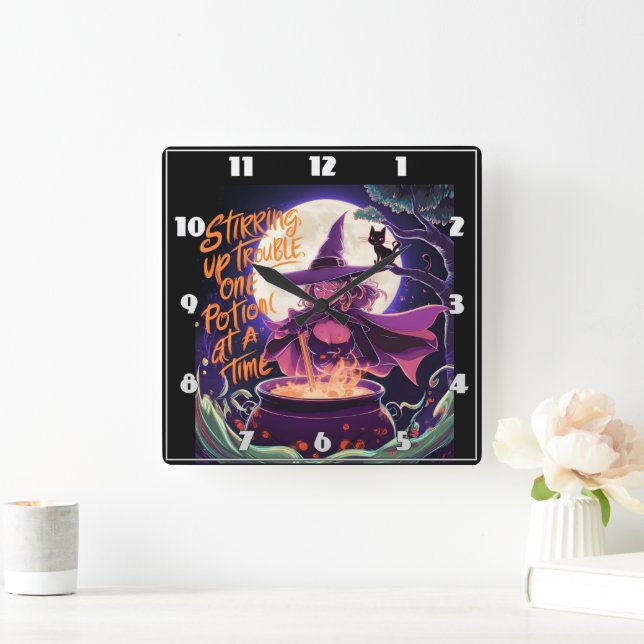 Reloj Cuadrado Pociones de bruja preparándose bajo una luna llena (Hogar)