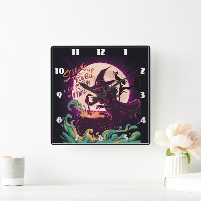 Reloj Cuadrado Pociones de bruja preparándose bajo una luna llena (Hogar)