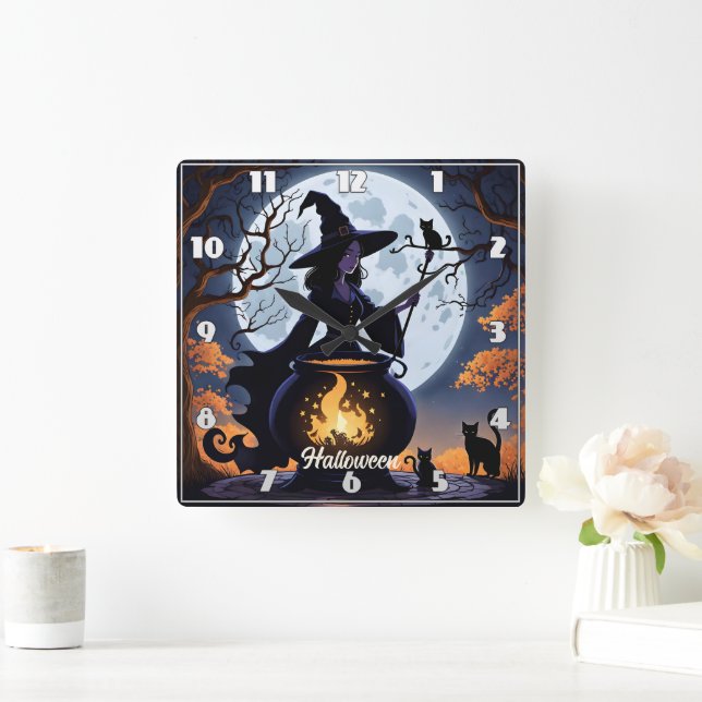 Reloj Cuadrado Pociones de brujas en una noche de Halloween (Hogar)