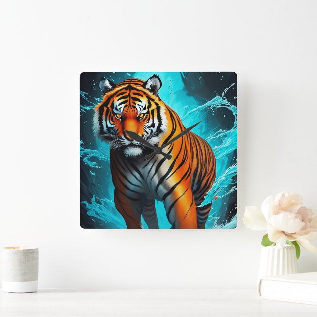 Reloj Cuadrado Poderoso tigre caminando sobre el agua (Hogar)