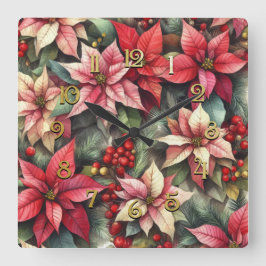 Reloj Cuadrado Poinsettia rosa y roja